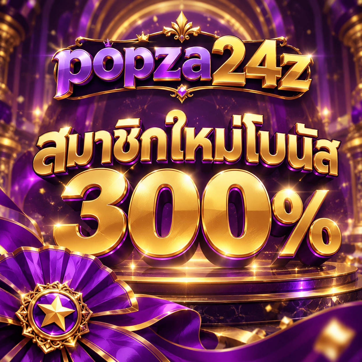 ภาพ popza24z สมาชิกใหม่โบนัส 300% กับริบบิ้นพัดม่วงและเหรียญดาว